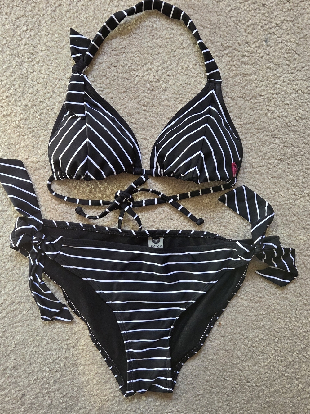 Roxy Vintage Black White Striped Bikini Set XS S Tie Side Triangle Retro Y2K